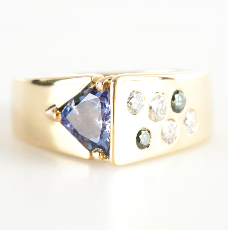 Unique 18k Yellow Gold Trillion Tanzanite & Diamond Cocktail Ring 1.20ctw 9.21g