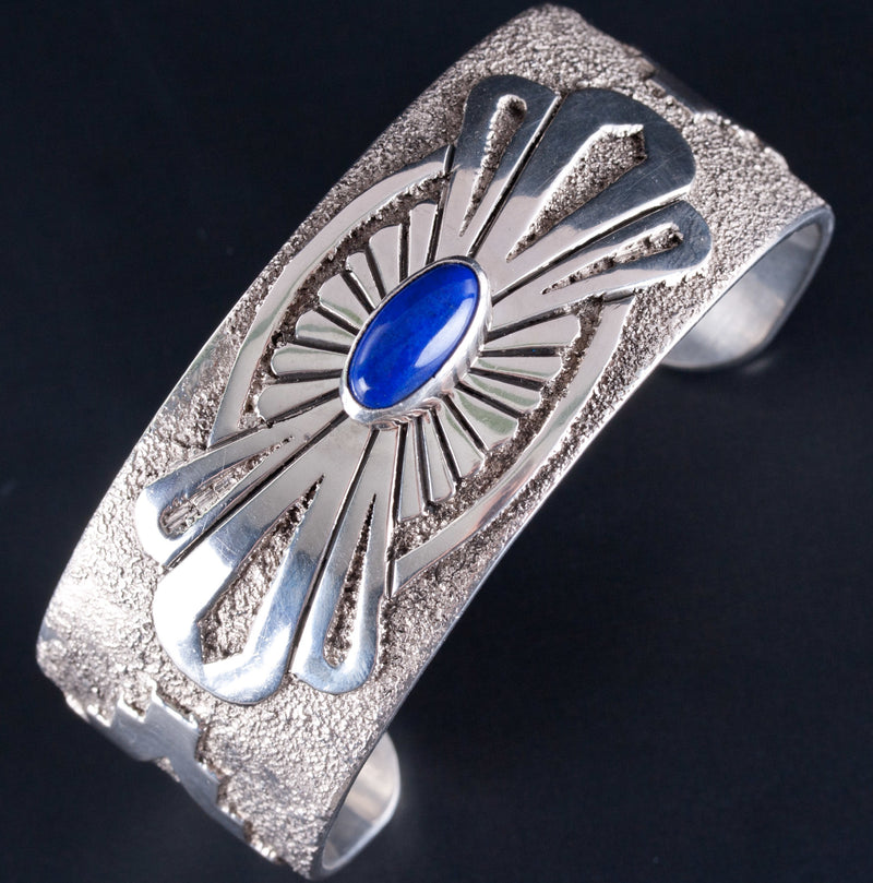 Vintage 1970's Sterling Silver "J Nez" Oval Cabochon Lapis Navajo Bracelet 6.5ct