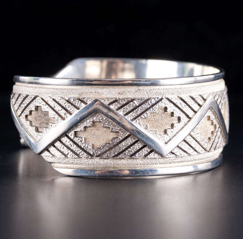 Unique Sterling Silver "R J Scott" Navajo Bracelet W/ Etched Style 40.42g