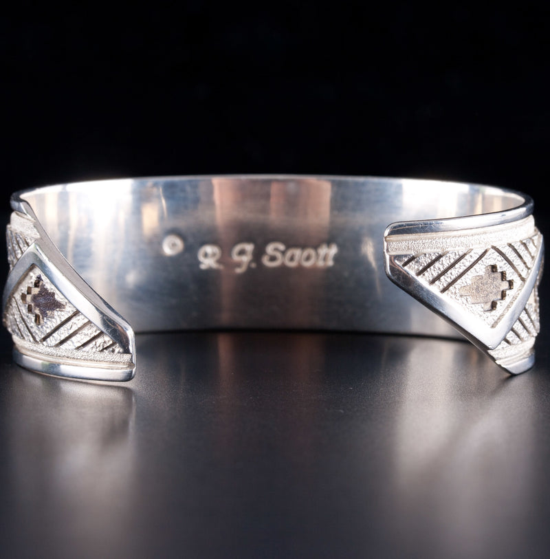 Unique Sterling Silver "R J Scott" Navajo Bracelet W/ Etched Style 40.42g