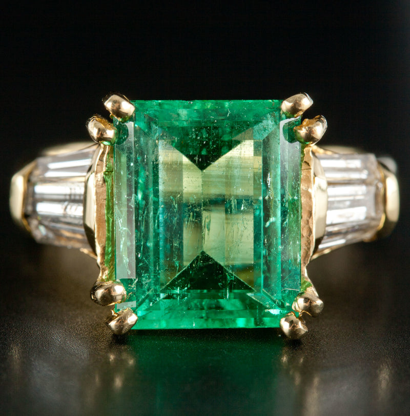 18k Yellow Gold Emerald Solitaire Cocktail Ring W/ Diamond Accents 4.36ctw