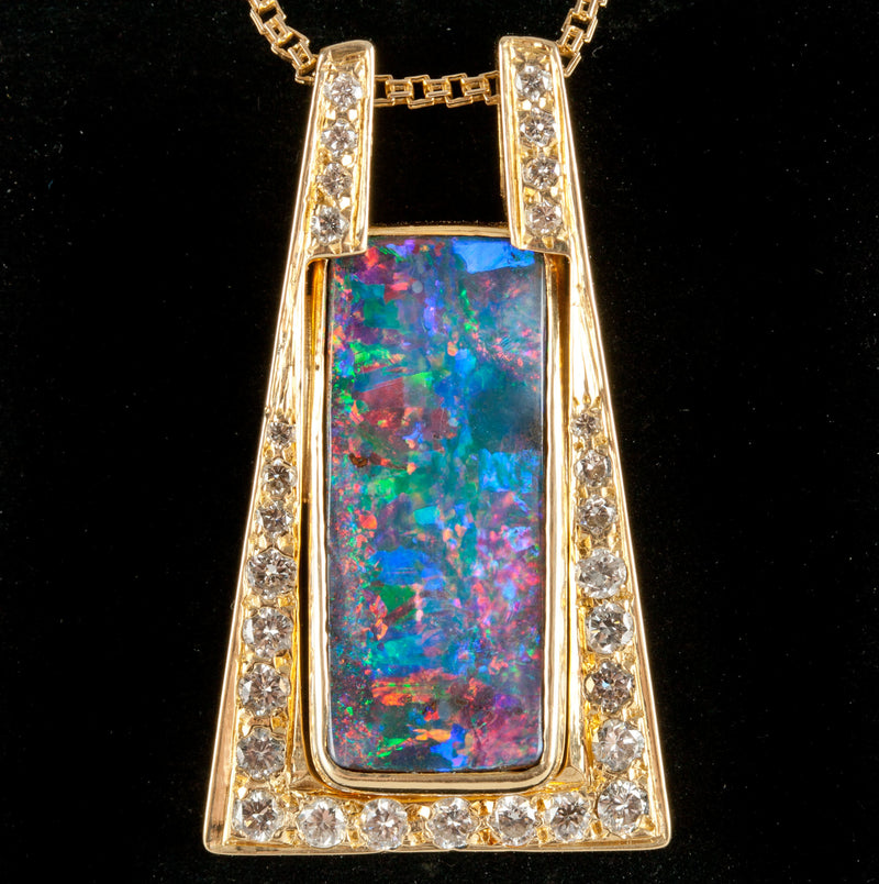 18k Yellow Gold Rectangle Lightning Ridge Black Opal & Diamond Necklace 24.63ctw