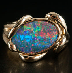 Oval Cabochon Lightning Ridge Black Opal Solitaire Ring, 14k Yellow Gold, 3.85ct
