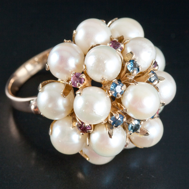 Vintage 1950's 14k Yellow Gold Cultured Pearl & Sapphire Statement Ring .48ctw