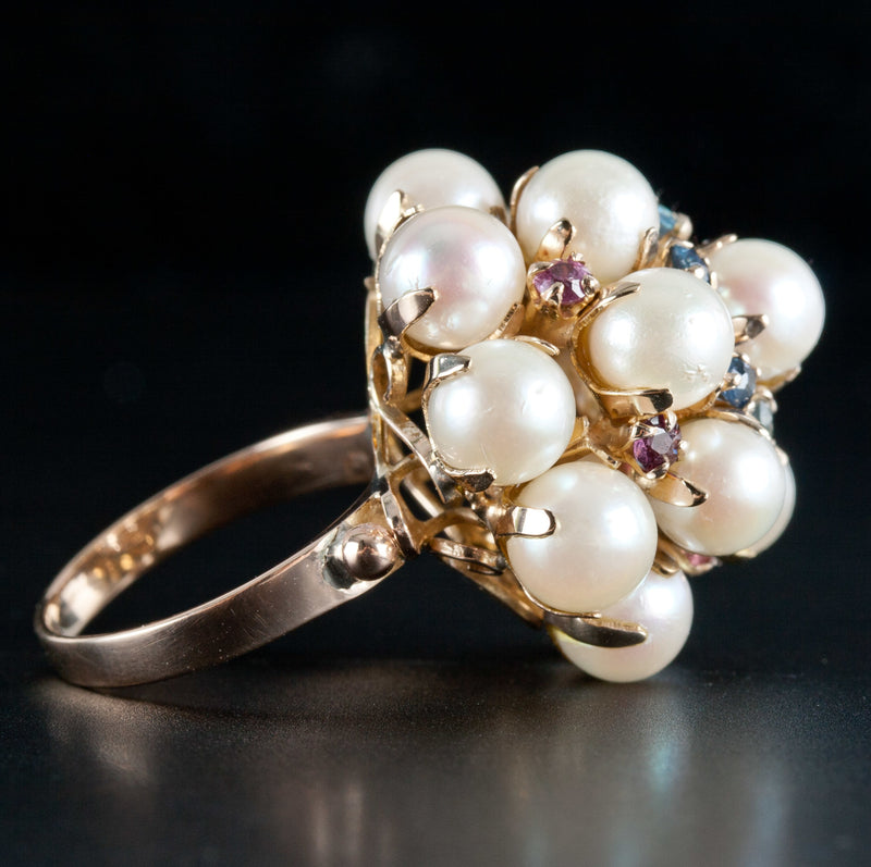 Vintage 1950's 14k Yellow Gold Cultured Pearl & Sapphire Statement Ring .48ctw