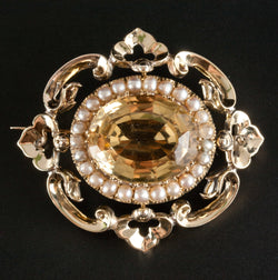 Vintage 1920's 14k Yellow Gold Oval Citrine & Pearl Brooch 13.2ctw 13.17g