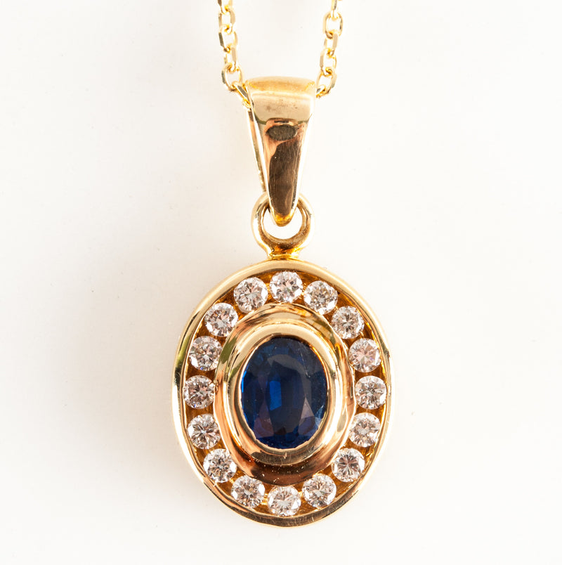 18k Yellow Gold Oval Sapphire & Diamond Pendant W/ 18" Chain .99ctw 3.96g