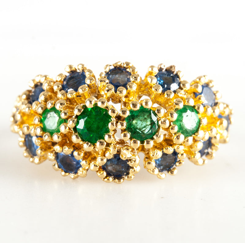 Vintage 1970's 18k Yellow Gold Round Emerald & Sapphire Ring 1.98ctw Size 4.5
