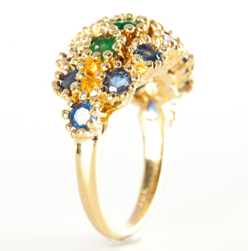 Vintage 1970's 18k Yellow Gold Round Emerald & Sapphire Ring 1.98ctw Size 4.5