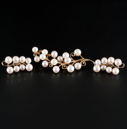 Vintage 1950's 14k Yellow Gold Akoya Cultured Pearl Brooch Earring Set 19.57g