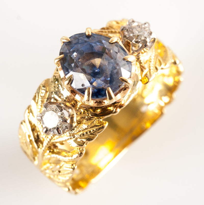 Vintage 18k Yellow Gold 1900's Cornflower Blue Sapphire & Diamond Ring 2.88ctw