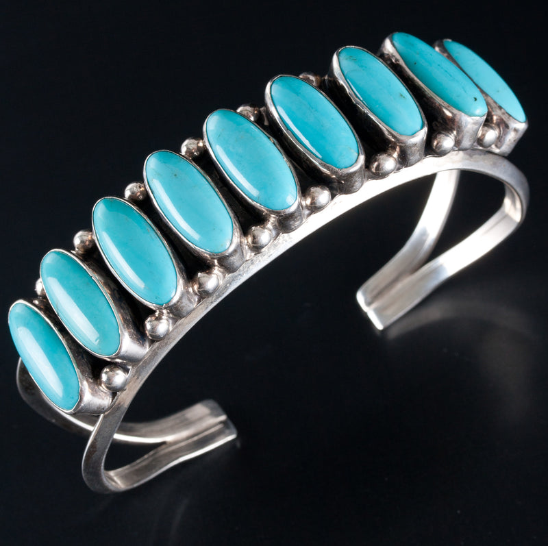 Vintage 1970s Sterling Silver Navajo Oval Cabochon Turquoise Cuff Bracelet 81ctw