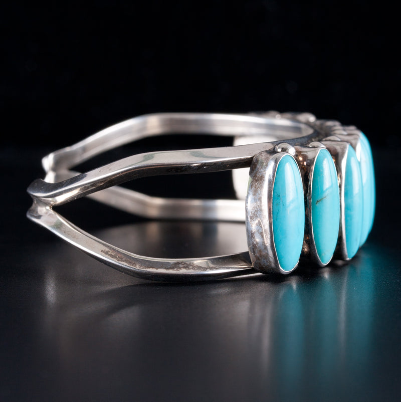 Vintage 1970s Sterling Silver Navajo Oval Cabochon Turquoise Cuff Bracelet 81ctw