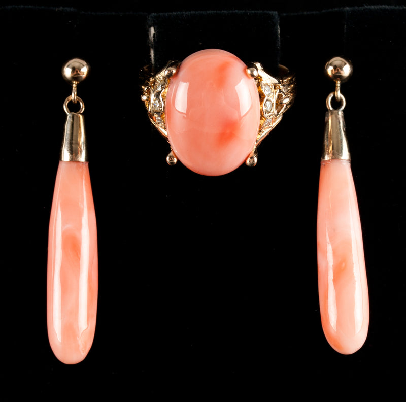 Vintage 1950's 14k Yellow Gold Natural Coral Ring Dangle Earrings Set 20.75ctw