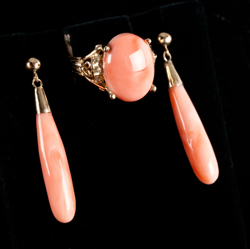 Vintage 1950's 14k Yellow Gold Natural Coral Ring Dangle Earrings Set 20.75ctw