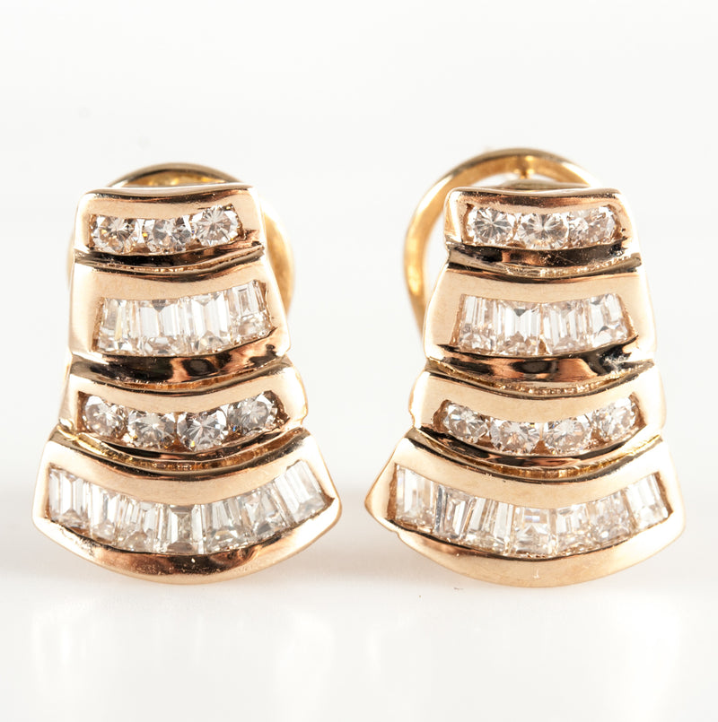 14k Yellow Gold Round Baguette Diamond Huggie Earrings W/ Omega Backs 1.15ctw