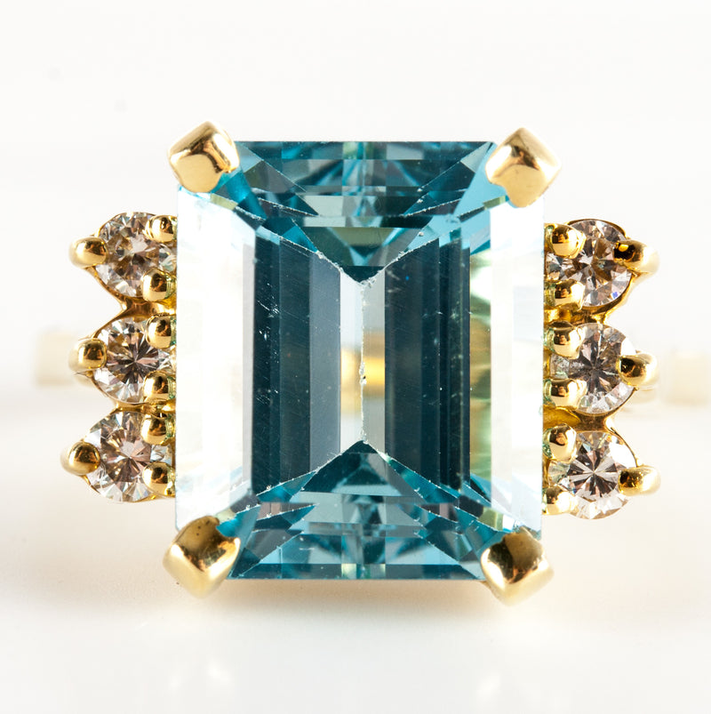 18k Yellow Gold Medium Blue Aquamarine Solitaire Ring W/ Diamond Accents 5.49ctw