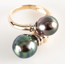 14k Yellow Gold Off Round Tahitian Pearl Bypass Style Cocktail Ring 8.6g