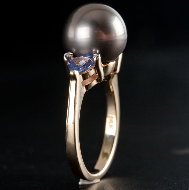 14k Yellow Gold Round Tahitian Pearl Solitaire Ring W/ Tanzanite Accents .62ctw