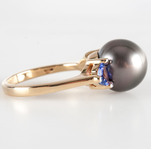 14k Yellow Gold Round Tahitian Pearl Solitaire Ring W/ Tanzanite Accents .62ctw