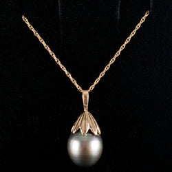 14k Yellow Gold Drop Shaped Cultured Tahitian Pearl Pendant W/ 18" Chain 3.17g