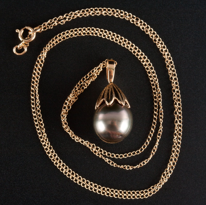 14k Yellow Gold Drop Shaped Cultured Tahitian Pearl Pendant W/ 18" Chain 2.59g