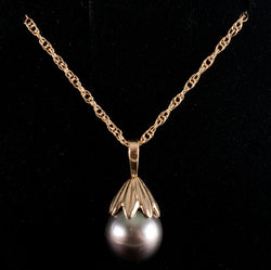 14k Yellow Gold Drop Shaped Cultured Tahitian Pearl Pendant W/ 16" Chain 3.23g
