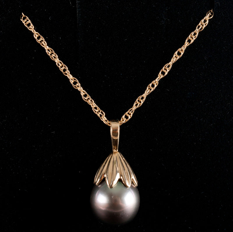 14k Yellow Gold Drop Shaped Cultured Tahitian Pearl Pendant W/ 16" Chain 3.23g