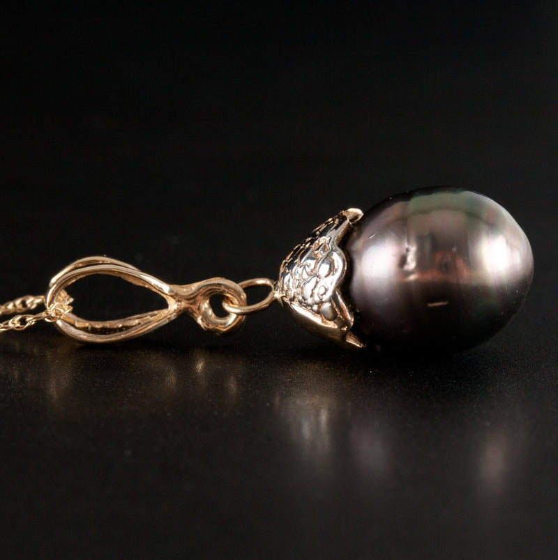 14k Yellow Gold Drop Shaped Cultured Tahitian Pearl Pendant W/ 16" Chain 3.44g