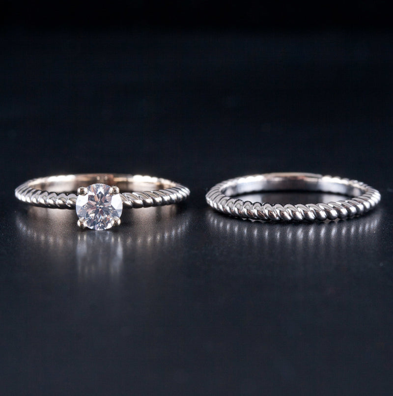 14k White Gold Round Diamond Engagement Wedding Ring Set W/ GIA Cert .50ct