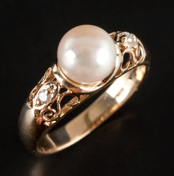 14k Yellow Gold Cultured Pearl Solitaire Ring W/ Diamond Accents .03ctw