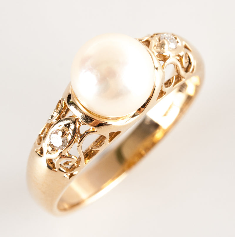 14k Yellow Gold Cultured Pearl Solitaire Ring W/ Diamond Accents .03ctw