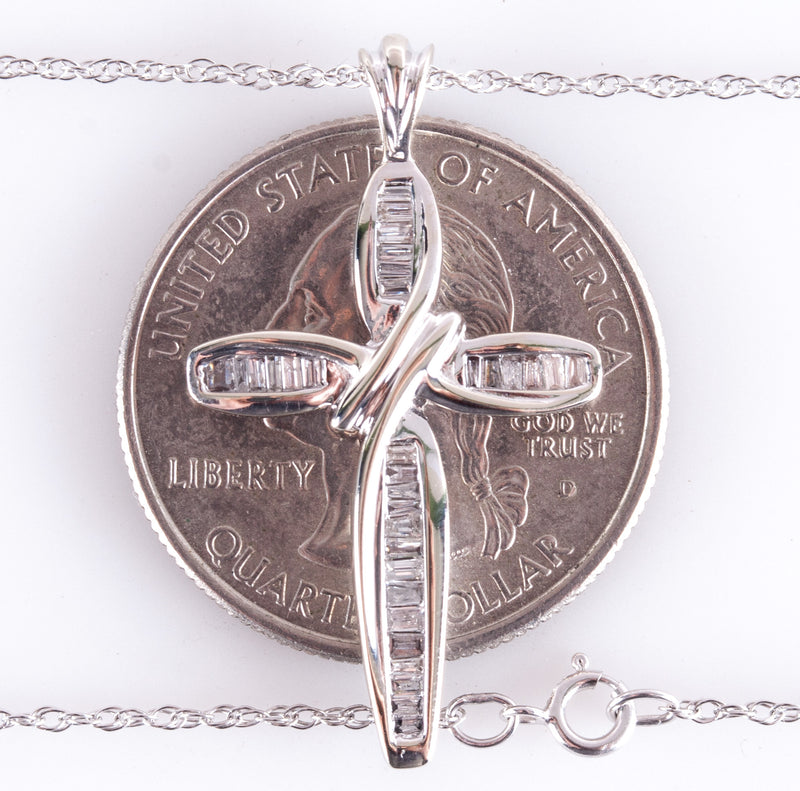 10k White Gold Baguette Diamond Cross Pendant W/ 16" Chain .426ctw 2.81g