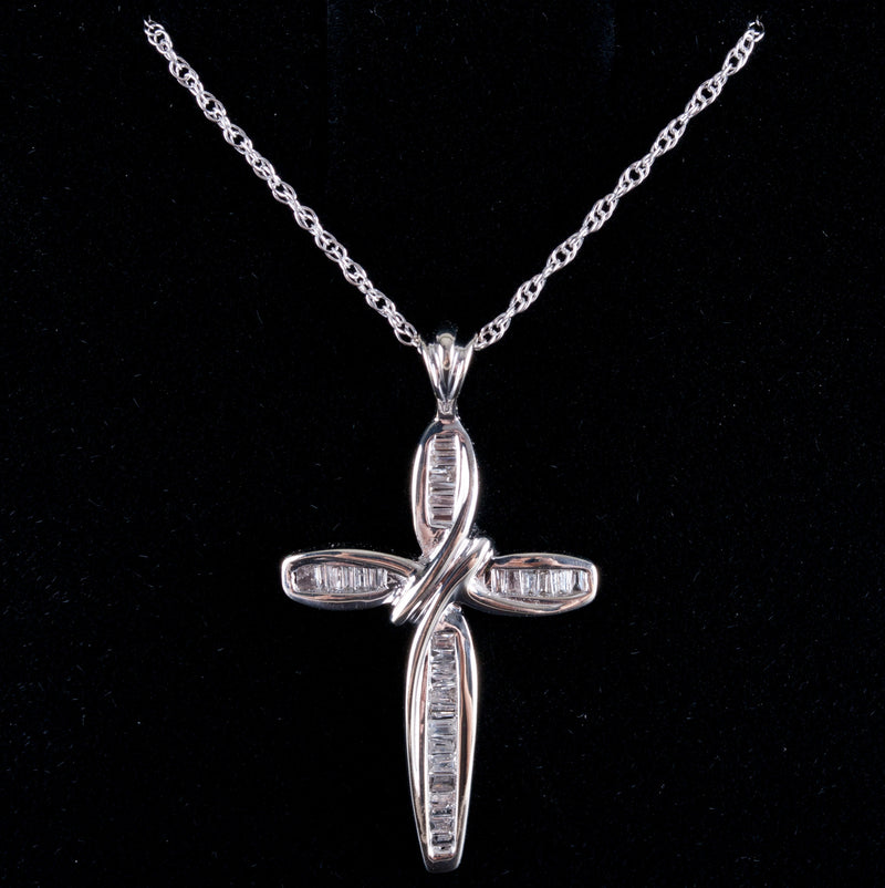10k White Gold Baguette Diamond Cross Pendant W/ 16" Chain .426ctw 2.81g