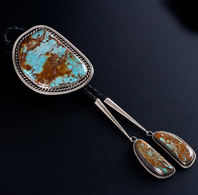 Vintage 1970's Sterling Silver Large Natural Turquoise Navajo Bolo Tie 145.1g