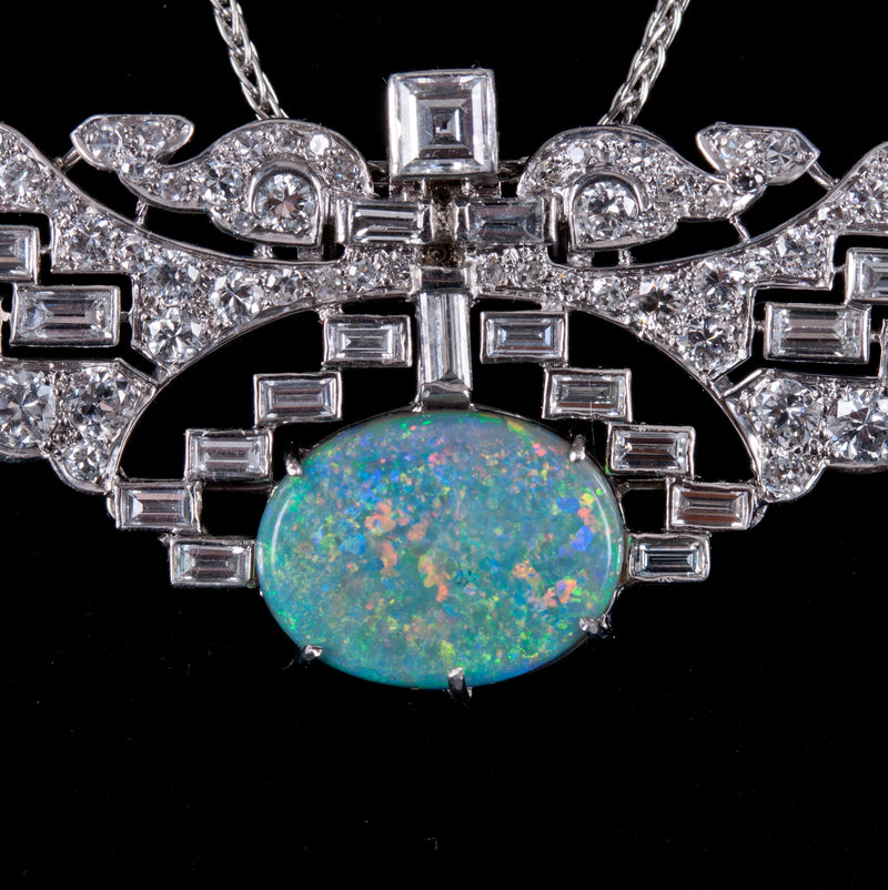 Vintage 1930's .950 Platinum Oval Cabochon AAA Opal Diamond Necklace 7.89ctw