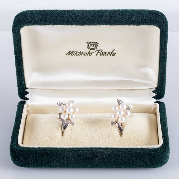 Vintage 1930's 14k White Gold Mikimoto Akoya Pearl Necklace Earring Set 25.8g
