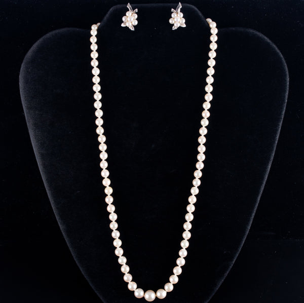 Vintage 1930's 14k White Gold Mikimoto Akoya Pearl Necklace Earring Set 25.8g