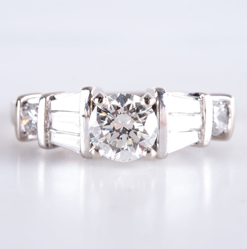 14k White Gold Round Baguette Diamond Engagement Ring W/ Certification 1.31ctw