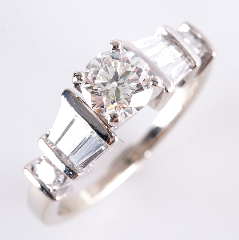 14k White Gold Round Baguette Diamond Engagement Ring W/ Certification 1.31ctw
