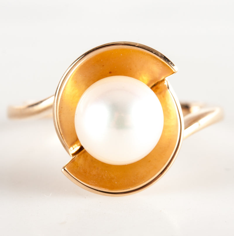 Vintage 1960's 14k Yellow Gold Round Cultured Pearl Solitaire Ring 3.99g