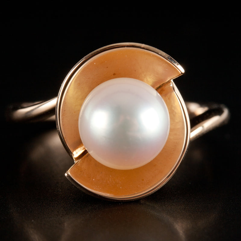 Vintage 1960's 14k Yellow Gold Round Cultured Pearl Solitaire Ring 3.99g