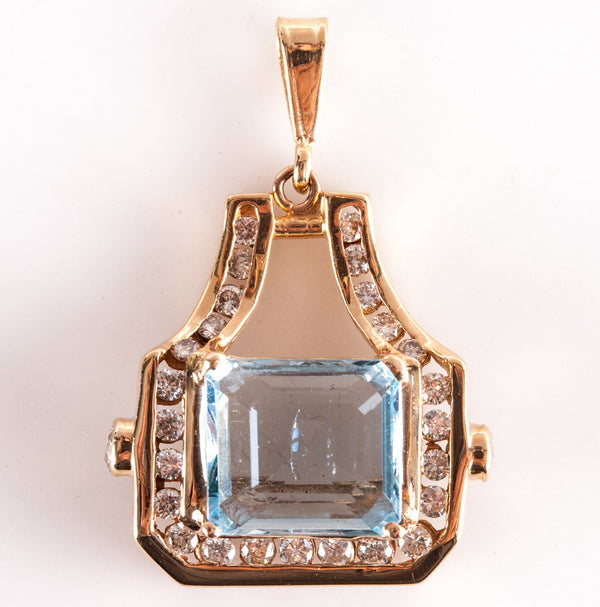 14k Yellow Gold Emerald Shaped Aquamarine Diamond Pendant 35.20ctw 5.85g