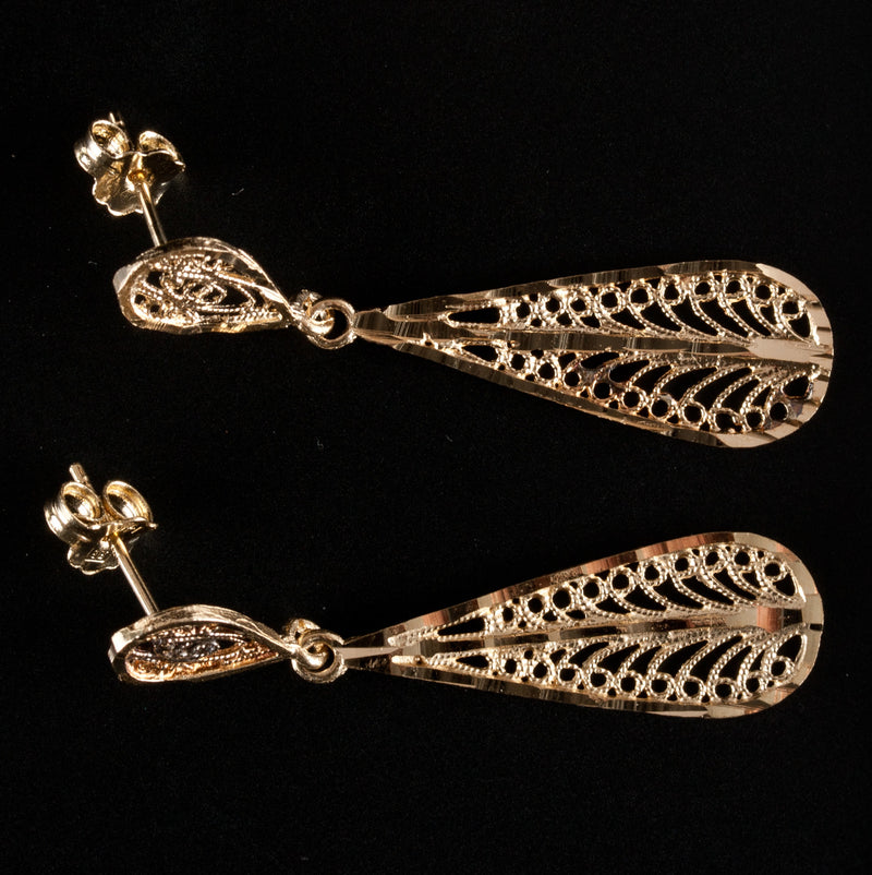 14k Yellow Gold Fancy Carved Style Dangle Earrings W/ Butterfly Backs 2.85g
