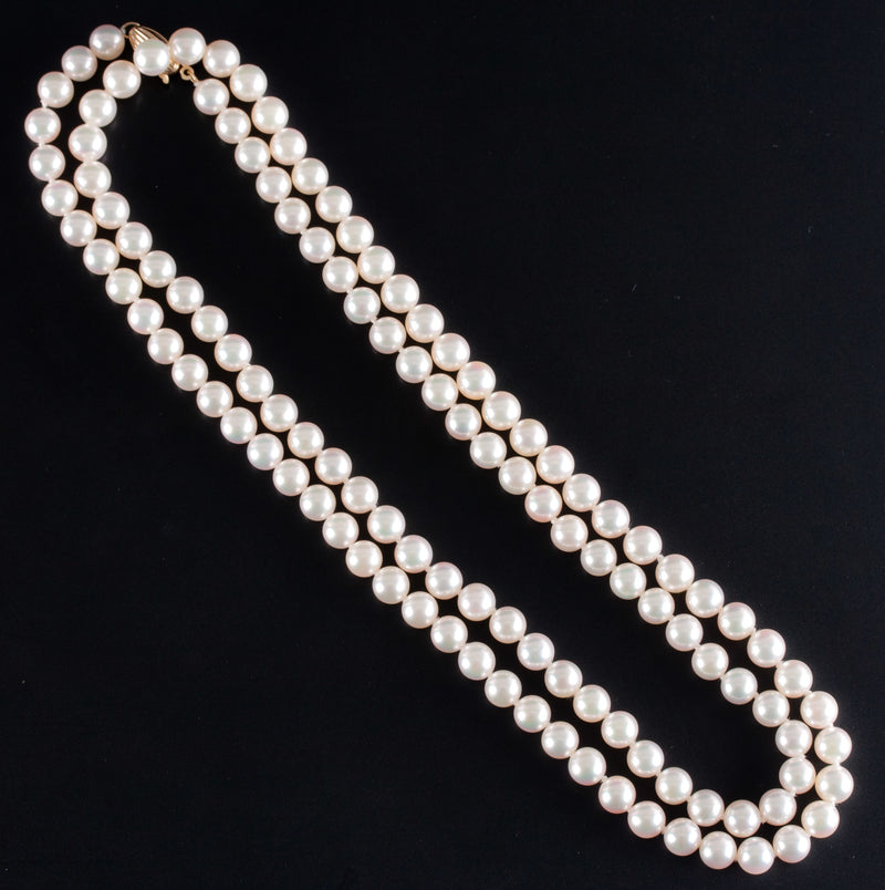 14k Yellow Gold Round Cultured AA Pearl Necklace 38.7g 33" Length