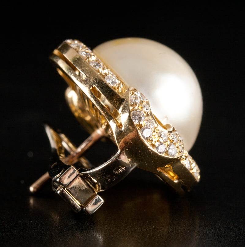 18k Yellow Gold Mabe Pearl & Diamond Huggie Earrings W/ Omega Backs .75ctw