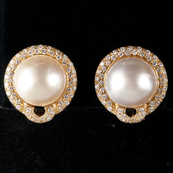 18k Yellow Gold Mabe Pearl & Diamond Huggie Earrings W/ Omega Backs .75ctw