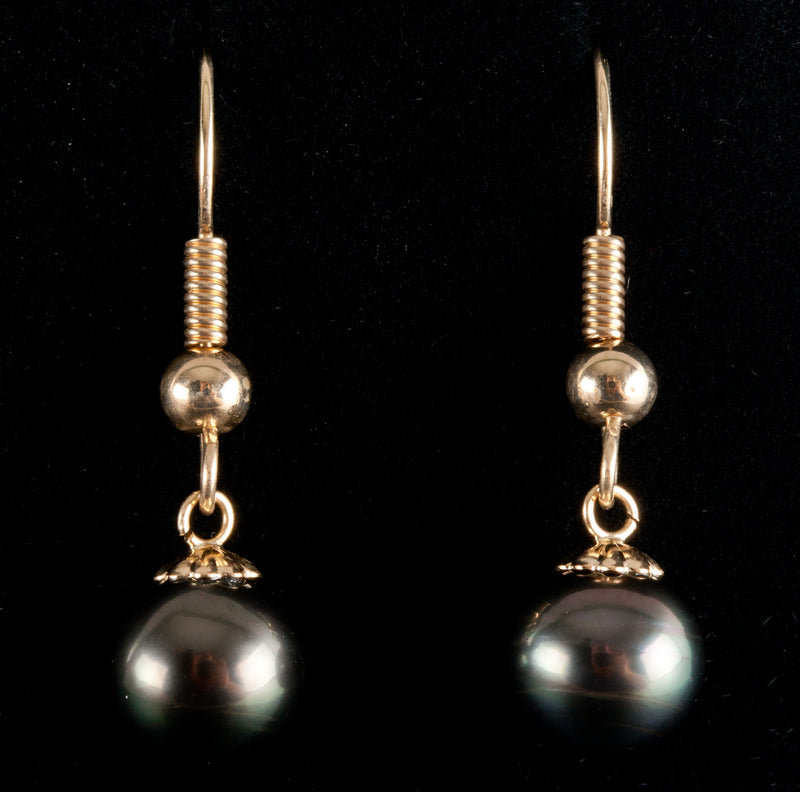 14k Yellow Gold Round Cultured Tahitian Pearl Dangle Earrings W/ Hook Backs