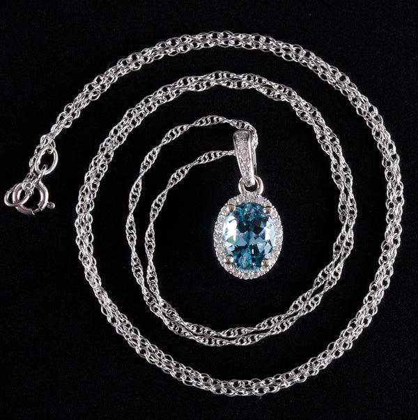 14k White Gold Oval Aquamarine Diamond Halo Style Pendant W/ 18" Chain 1.07ctw