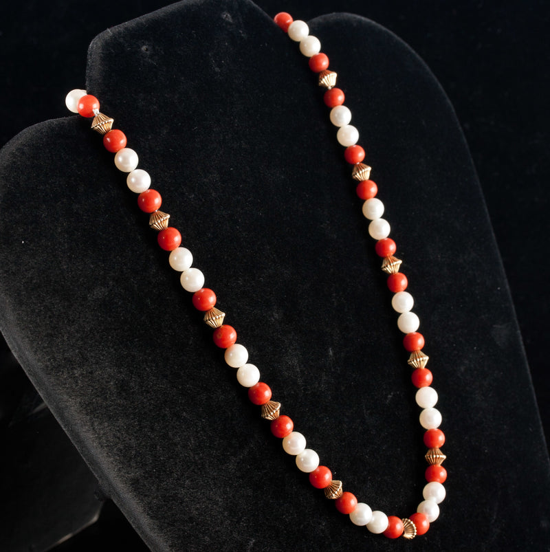 Vintage 1970's 14k Yellow Gold Round Bead Coral & Pearl Necklace 15.5" Length